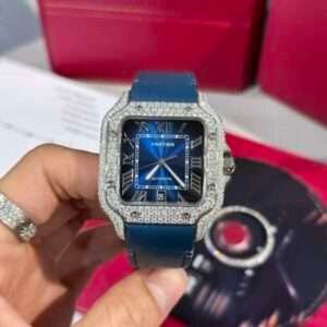 Cartier Santos Replica Watch Blue Dial Custom Moissanite Diamonds 39.8mm