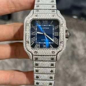 Cartier Santos Best Replica Watch Custom Moissanite Diamonds Blue Dial 39.8mm